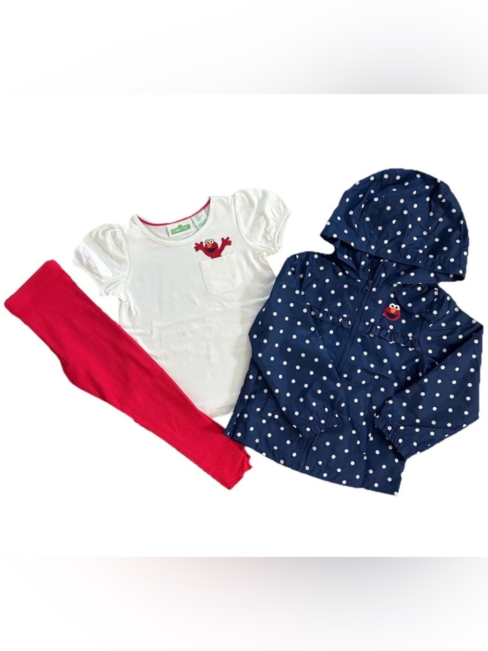 Elmo Polka Dot Hooded Jacket + Elmo Pocket Tee & Red Leggings Set Girls 4T NWT